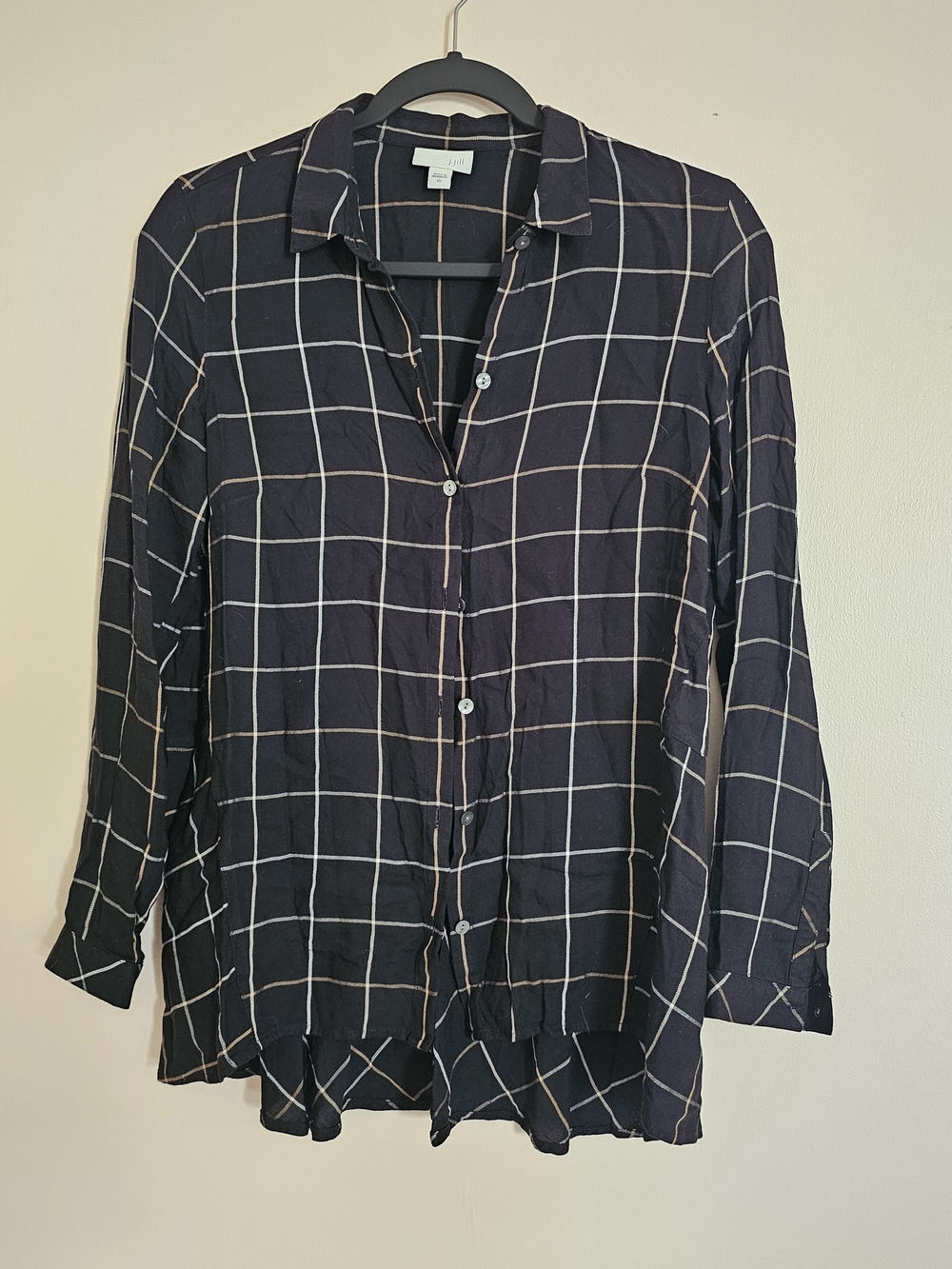J. Jill XS Black Windowpane Button-Down Shirt Peplum Back